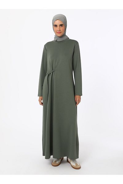 Refka Modal Hijab Dress with Tie Detail - Dark Khaki - Refka