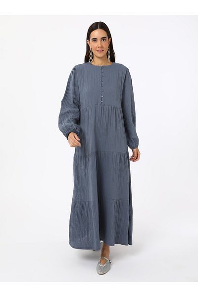 Benin Rochie Hijab din muselina de bumbac cu detaliu volan - Gri albastru - Benin