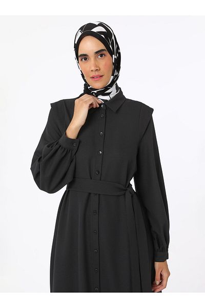 Refka Lace-Up Detailed Crepe Fabric Hijab Dress - Black - Refka
