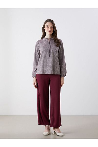 LC Waikiki Grace Plum Ruffle Tie Collar Blouse