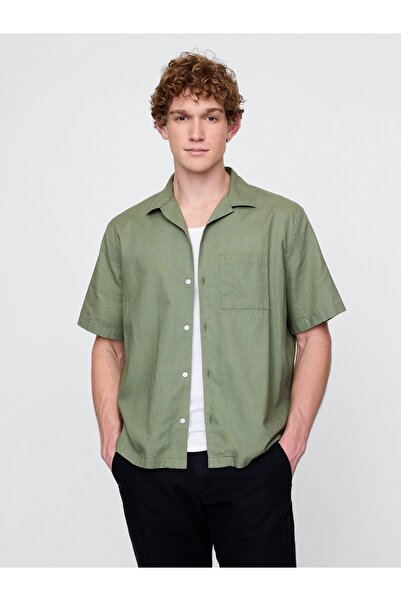GAP Erkek Yeşil Keten Karışımlı Desenli Gömlek