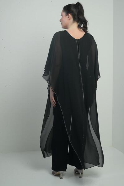 By Saygı Women's Chiffon Stone Detail Cape Wide Leg Lycra Plus Size Jumpsuit