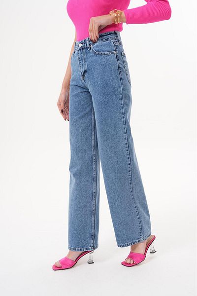Tarz Cool Women's Palazzo Loose Leg Super High Waist Jean Trousers Navy Blue