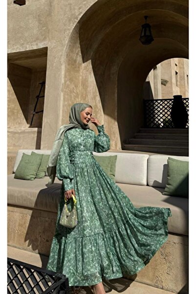 Armalia Flora Desenli Şifon Elbise – Yeşil