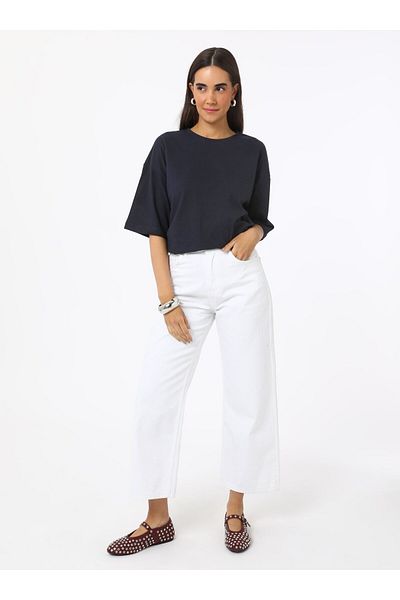 Refka Γυναικείο μπλουζάκι Crew Neck Off Shoulder Basic - Navy Blue - Refka
