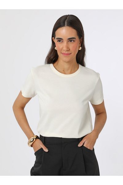 Refka Rib Collar Basic Women's T-Shirt - Ecru - Refka