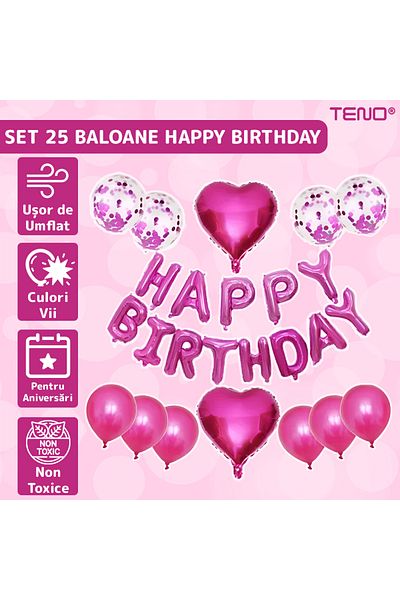 Teno Set of 25 Teno® Balloons, Letters, confetti, hearts, HAPPY BIRTHDAY pattern, pink