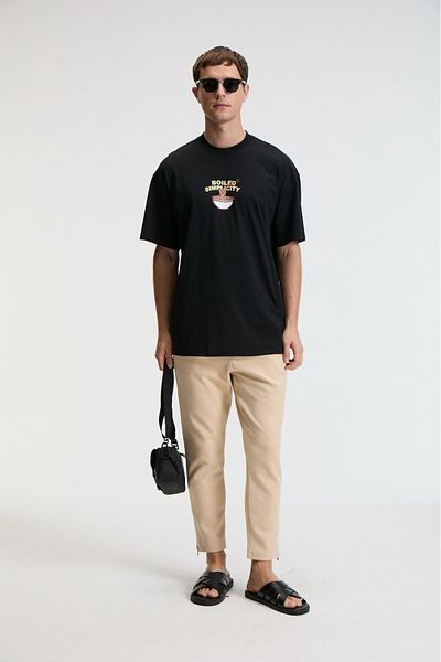 GRIMELANGE Snack Men's Oversize Fit 100% Cotton Printed Round Neck Black T-Shirt