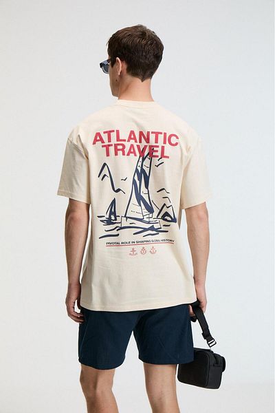 GRIMELANGE Crunch Men's Oversize 100% Cotton Printed Round Neck Vanilla T-Shirt