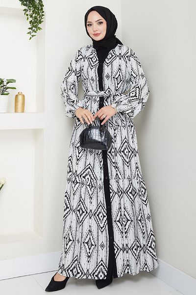 InStyle Ebruli Geometric Pattern Black Viscose Dress