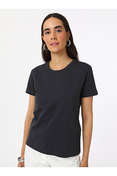 Refka Rib Collar Basic Women's T-Shirt - Anthracite - Refka
