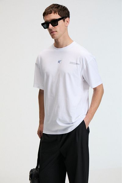 GRIMELANGE Nibble Men's Oversize 100% Cotton Printed Round Neck White T-Shirt