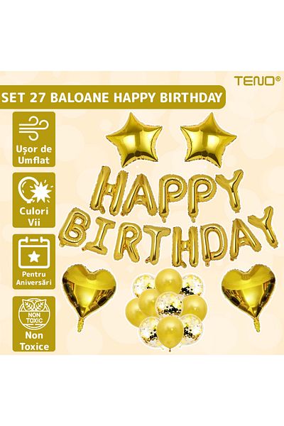 Teno Set of 27 Teno® Balloons, Letters, confetti, stars, hearts, HAPPY BIRTHDAY model, gold