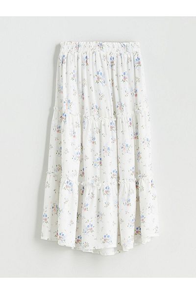 LC Waikiki Ecru Elastic Waist Floral Girl's Skirt