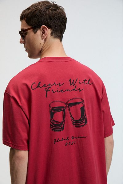 GRIMELANGE Treat Men's Oversize 100% Cotton Printed Round Neck Red T-Shirt