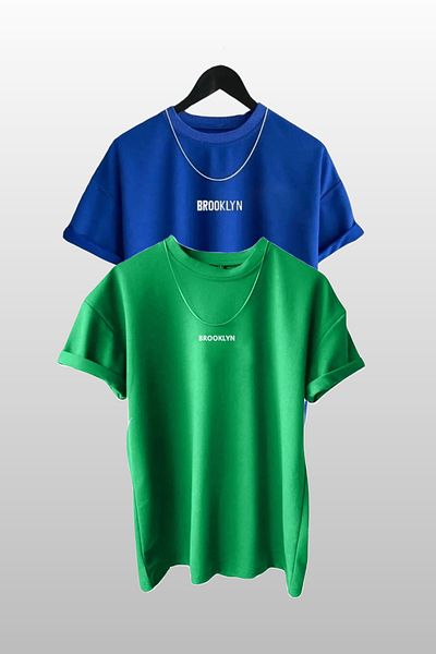 MODAGEN Unisex Brooklyn Printed 2 Pack Πράσινο-Μπλε T-Shirt