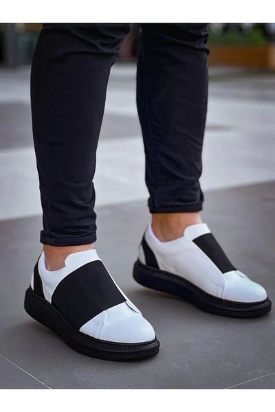 BellevieStore Kb-040 Kuback White Skin Black High Sole Elastic Casual Men's Shoes