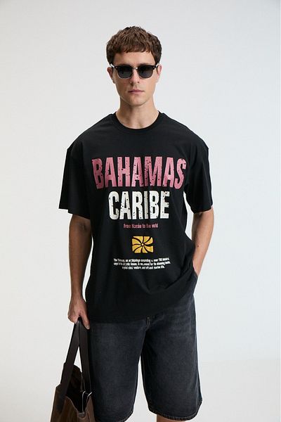 GRIMELANGE Nibble Men's Oversize 100% Cotton Printed Round Neck Black T-Shirt