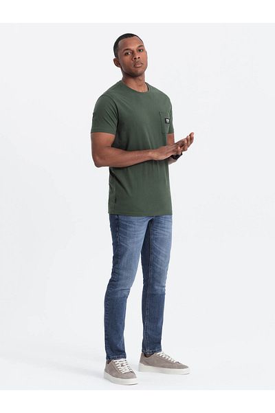 OMBRE Lässiges Herren T-Shirt mit Patch auf der Tasche - Dunkeloliv V4 OM-TSCT-0109 M