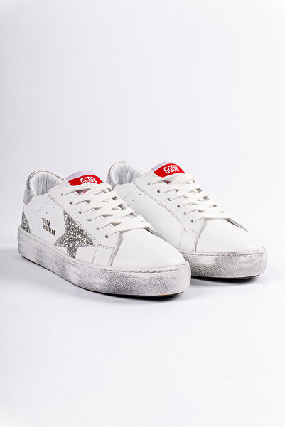 alkushoes Hakiki Deri Yıldız ve Pul Detaylı Eskitmeli Beyaz Kadın Sneaker Kir...