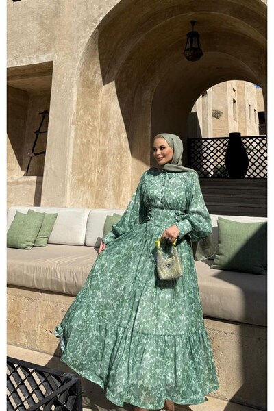 Armalia Flora Desenli Şifon Elbise – Yeşil