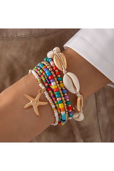 Choice 1 7Pcs Boho Summer Starfish Bracelet Set For Women Bohemian Shell Rice Beads Elastic Chain Bangle G.