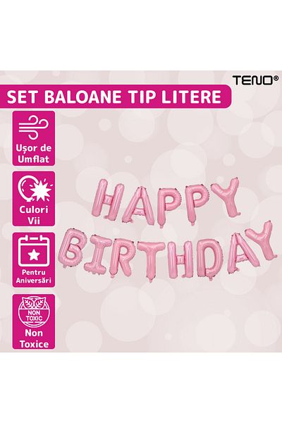 Teno Set of 13 Teno® Balloons, Letters,, HAPPY BIRTHDAY model, pink