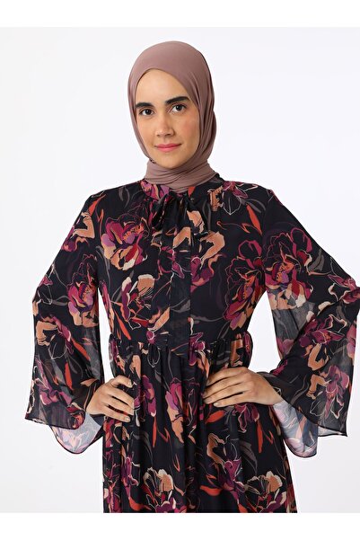 Refka Floral Patterned Chiffon Hijab Dress - Black - Pink Patterned - Refka