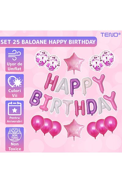 Teno Set of 25 Teno® Balloons, Letters, confetti, stars, HAPPY BIRTHDAY model, pink/purple/white