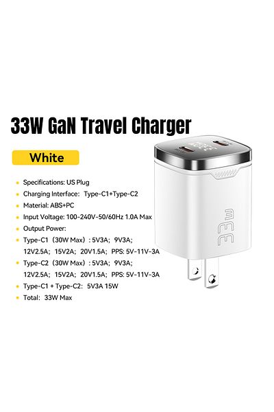 choice2 33W US White Essager 33W GaN USB C Charger Digital Display PD Fast Charging For iPhone 13 12 Max Pro
