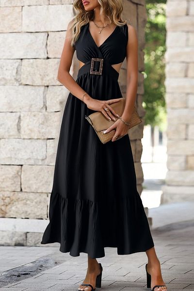 FASHION COCKTAIL Μακρύ καλοκαιρινό μάξι φόρεμα διακοπών με τετράγωνη αγκράφα Degaje με παράθυρο στη μέση