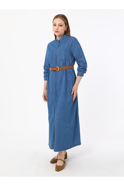 ALİA Rochie Hijab din denim cu nasturi lungi din material natural marime mare - Albastru deschis - Alia