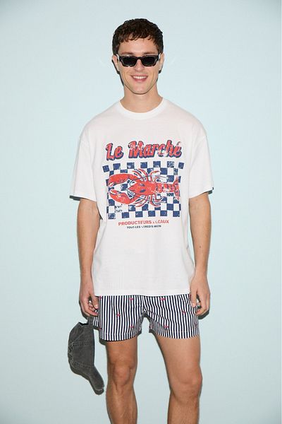 GRIMELANGE Snack Men's Oversize Fit 100% Cotton Printed Round Neck White T-Shirt