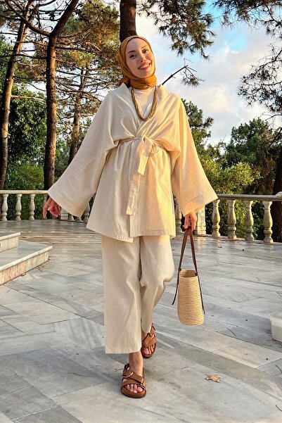 Bağlamalı Kimono Takım – Krem