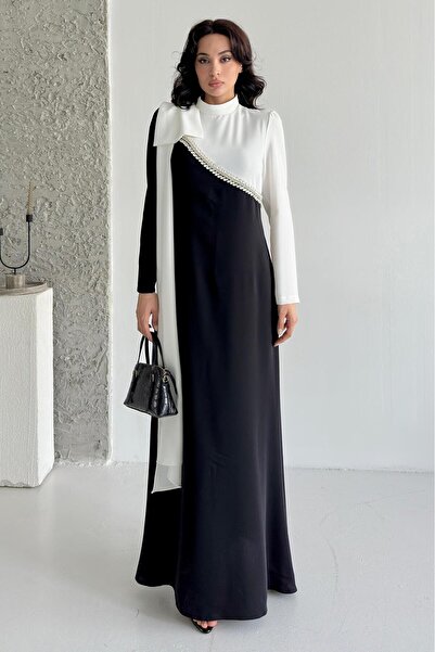 Serica Moda Rochie de seară brodata cu piatră cu detaliu fundă alb-negru