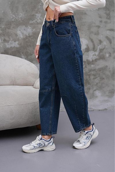 Tarz Cool Mom Jean High Waist Loose Cut Leg Pleated Stretchy Denim Trousers Navy Blue