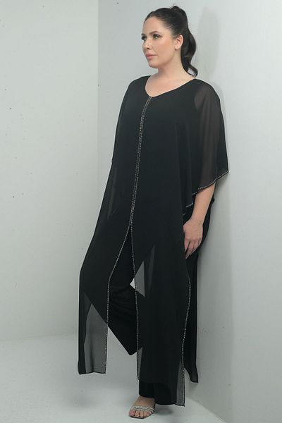 By Saygı Women's Chiffon Stone Detail Cape Wide Leg Lycra Plus Size Jumpsuit