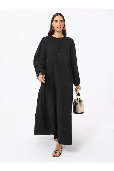 Benin Rochie hijab din muselina de bumbac cu detaliu volan - Negru - Benin