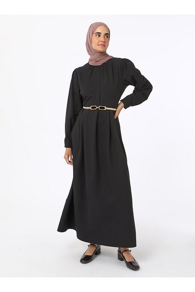 Refka Pile Detailed Crepe Fabric Hijab Dress - Black - Refka