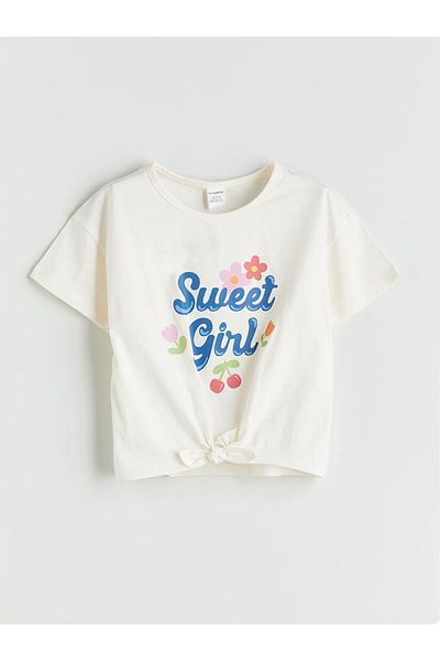 LC Waikiki Ecru Crew Neck Printed Girls' T-Shirt