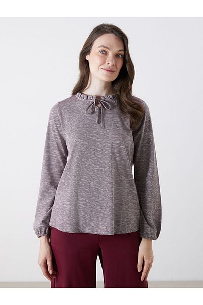 LC Waikiki Grace Plum Ruffle Tie Collar Blouse