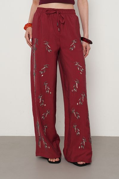 Orfeo Negro Women's Bolly Legs Front Pants with Beads and Stone Embroidery