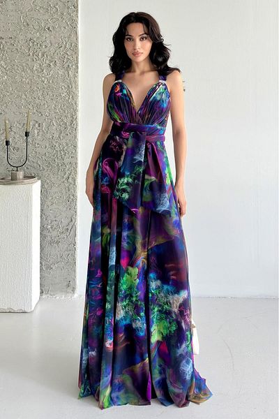 Serica Moda Purple Patterned Tie-Up Slit Detailed Maxi Chiffon Evening Dress