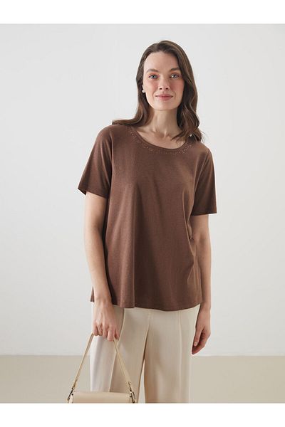 LC Waikiki Grace Beige Crew Neck Stoned Linen Blended Blouse