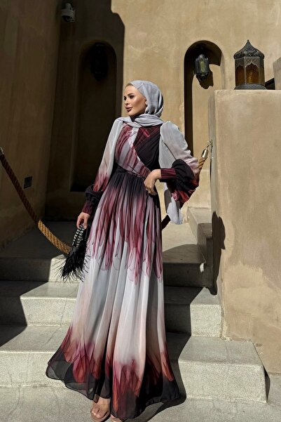 Armalia Soiré Sanatsal Şifon Elbise – Bordo