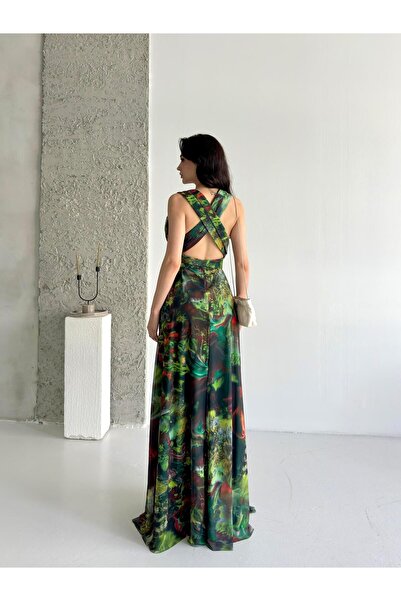 Serica Moda Βραδινό φόρεμα Maxi Chiffon με πράσινο σχέδιο με δεμένο σχιστό λεπτομέρεια