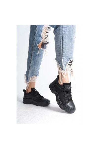 BellevieStore Jule Black Leather Lace-Up Sneakers