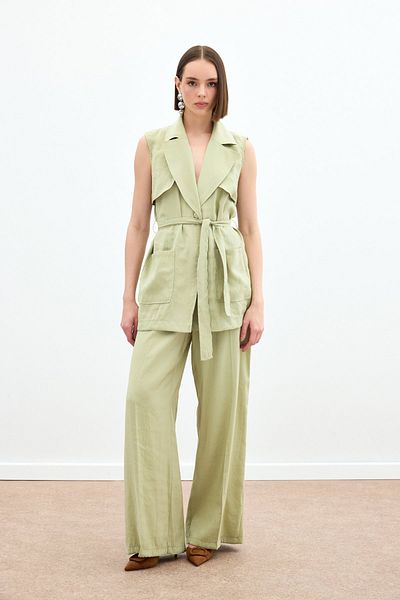 Sateen Vestă lungă cu curea - verde ulei