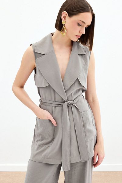 Sateen Long Vest with Belt - Khaki