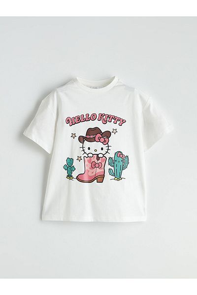 LC Waikiki Ecru Crew Neck Hello Kitty Printed Girl's T-Shirt